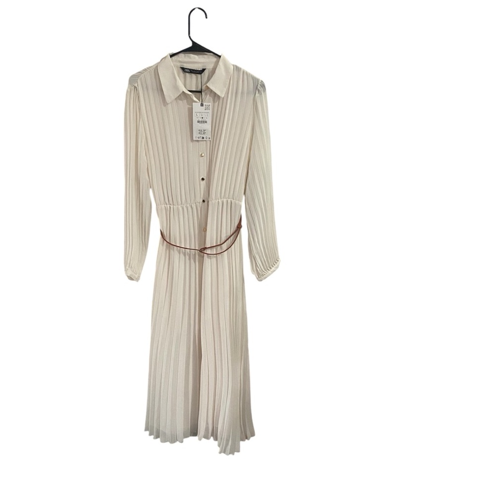 Zara Pleated Midi Dress, Cream Color, Size L - Brand New with tags
